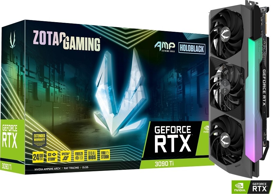 Zotac Geforce RTX 3090 Ti AMP Extreme Holo Graphics Card, 24GB GDDR6X 384 Bit Memory, 10752 Cuda Cores, 1890 MHz Boost Clock, 21 Gbps, PCI Express 4.0 16x, HDMI, DP | ZT-A30910B-10P