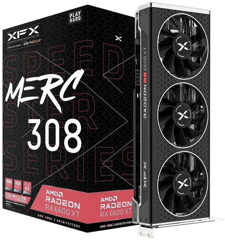 8391c74df33a311c1f2bd1a1c5df2f2c-hi.jpg XFX Speedster Merc 308 Radeon RX 6600 XT Graphics Card, 8GB GDDR6 Memory, PCI Express 4.0, AMD RDNA 2, AMD Freesync, 2188 MHz Core Clock, 2048 Stream Processors, Black | RX-66XT8TBDQ - Image 1
